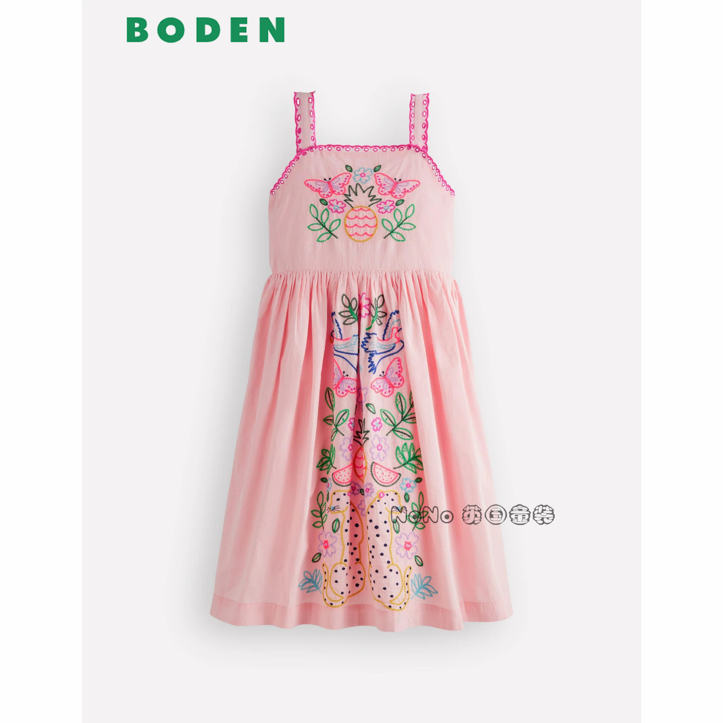 英国Mini Boden女童粉色豹碎花刺绣连衣裙全棉2-12岁新款G6048