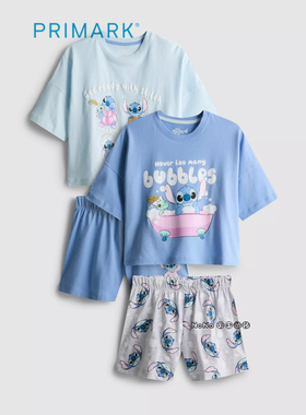 代购英国Primark女童蓝色史迪仔奇短袖家居服睡衣裤纯棉5-15岁