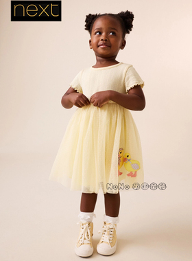英国Next女童黄色小鸭子刺绣拼接连衣裙短袖1-7岁礼服全棉W64-427