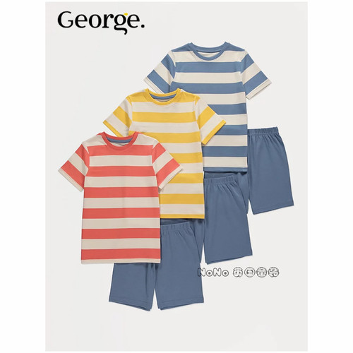 英国乔治George男大童黄蓝红色条纹短袖家居服睡衣裤纯棉1397835