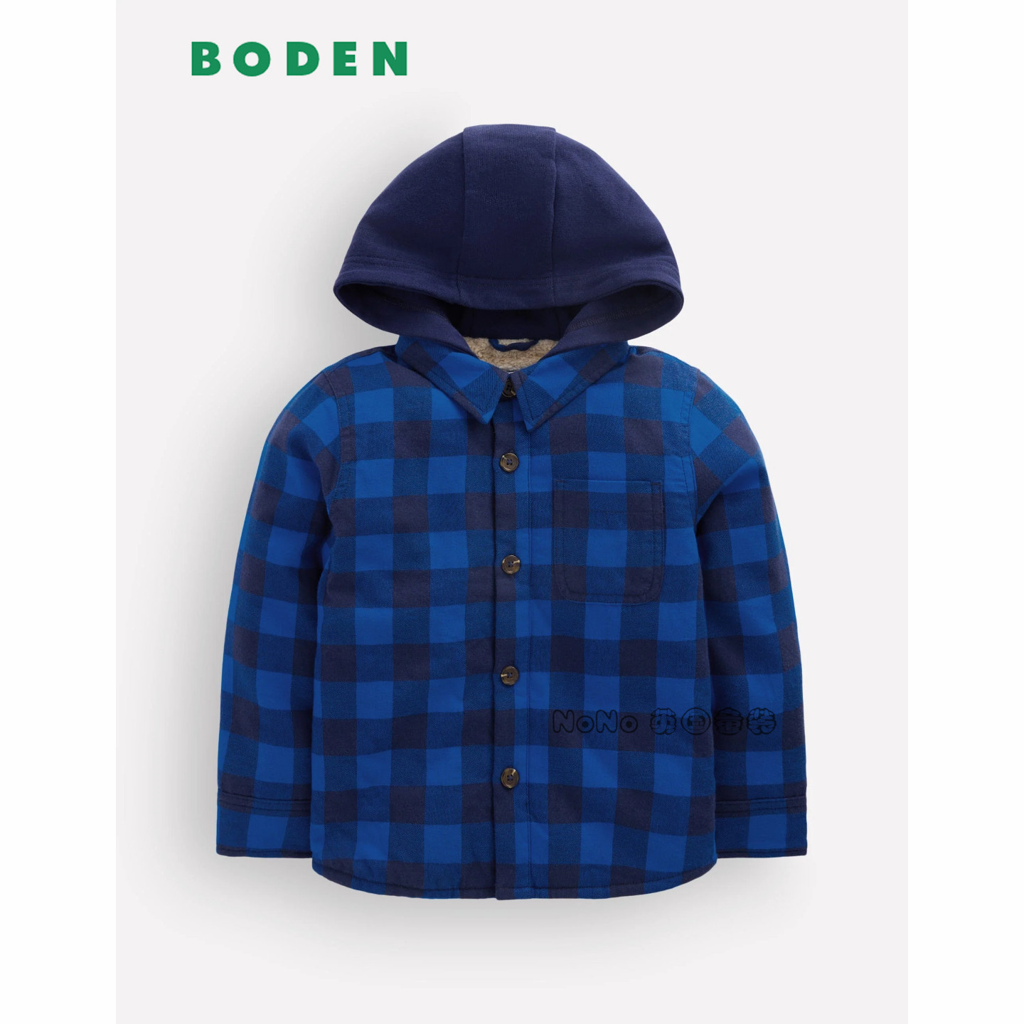 英国Mini BODEN男童蓝色格子衬衫式外套全棉连帽2-14岁新款B3313