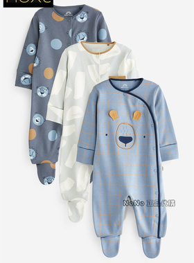 现货英国Next正品男婴蓝色熊连体睡衣纯棉长爬服包脚D49-331