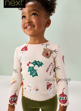 英国Next正品代购女童圣诞老人驯鹿长袖T恤休闲打底衫纯棉F74-403