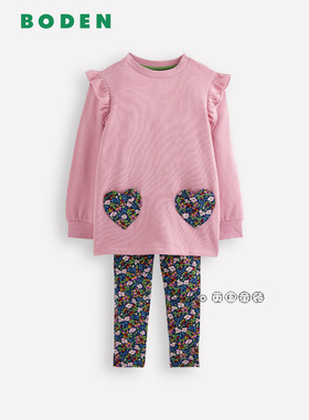 英国Mini Boden女童粉色口袋碎花长款长袖T恤裙打底裤套装G5420