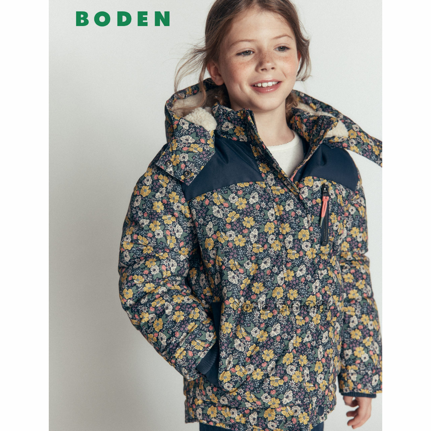 英国Mini BODEN女童黄蓝色碎花防雨雪外套棉服厚棉衣2-14岁G6115