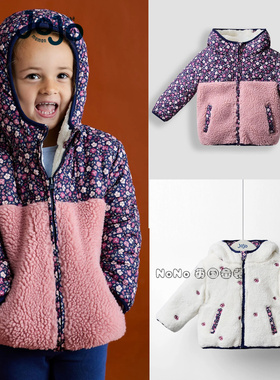 英国JoJo Maman Bebe女童粉白色碎花双面穿外套加厚棉服F34-874