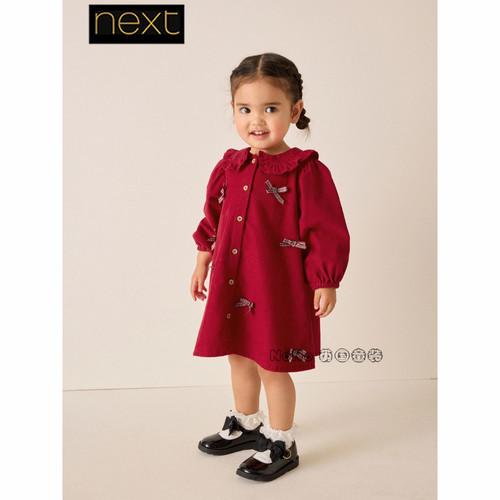 英国Next正品女童新年红色立体蝴蝶结长袖连衣裙1-7岁新款G28-578