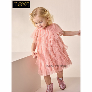 英国Next正品代购女童粉色网纱多层次连衣裙纯棉礼服AG9-806