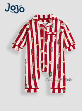 英国JoJo Maman Bébé婴儿红色圣诞驯鹿连体睡衣长爬纯棉W24-292