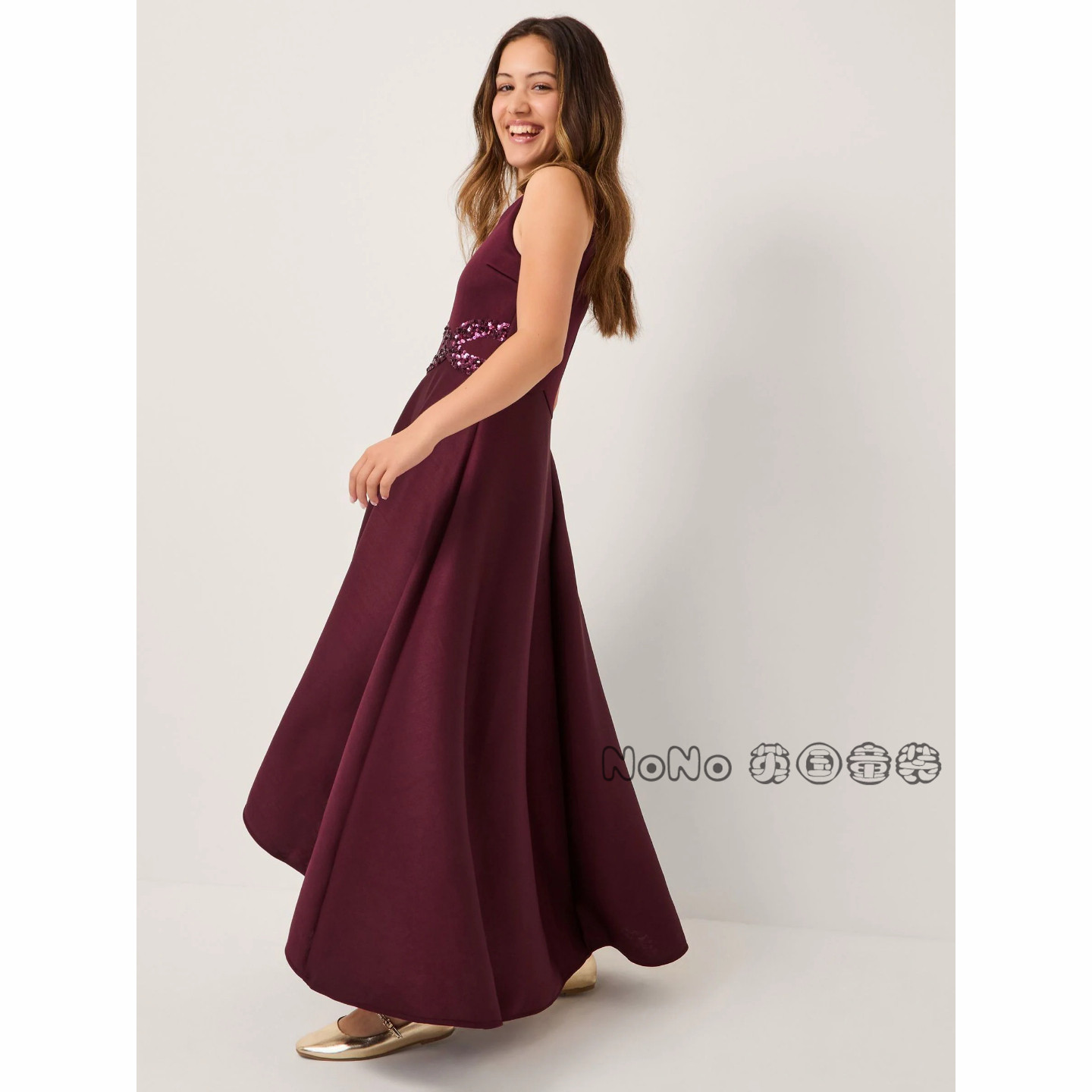 英国Monsoon女大童紫红色长款亮片礼服演出连衣裙8-15岁G07-692