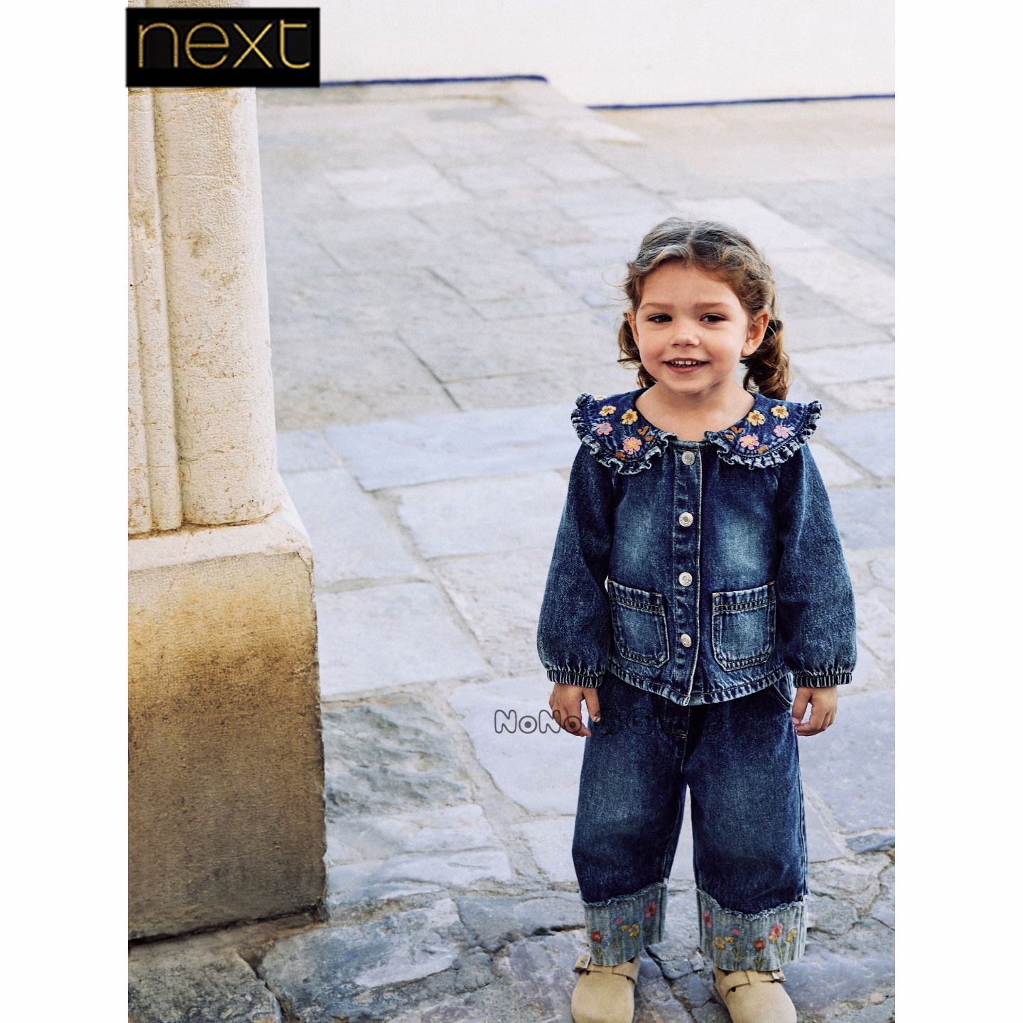 英国Next正品代购女童蓝色牛仔外套刺绣翻领阔腿裤棉套装AM6-330