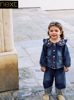 英国Next正品代购女童蓝色牛仔外套刺绣翻领阔腿裤棉套装AM6-330