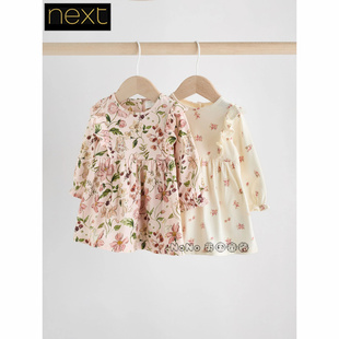Next英國正品 922 純棉兩件AN7 女嬰童粉紅色碎花兔子連衣裙長袖