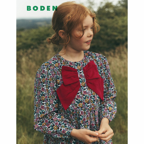 英国Mini Boden女童碎花蝴蝶结全棉长袖连衣裙2-12岁新款G5656