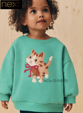 英国Next正品代购女童绿色贴布小猫卫衣运动衫圆领休闲棉F27-399
