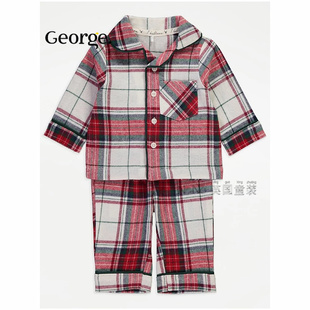 现货英国乔治George中大童红白色格子翻领家居服长袖睡衣睡裤宽松