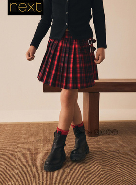 Next英国正品代购女大童亲子黑红色格子半身裙百褶3-16岁F66-893