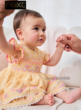 英国Next正品婴儿橙色打揽刺绣连衣裙内搭短裤套装全棉H92-987