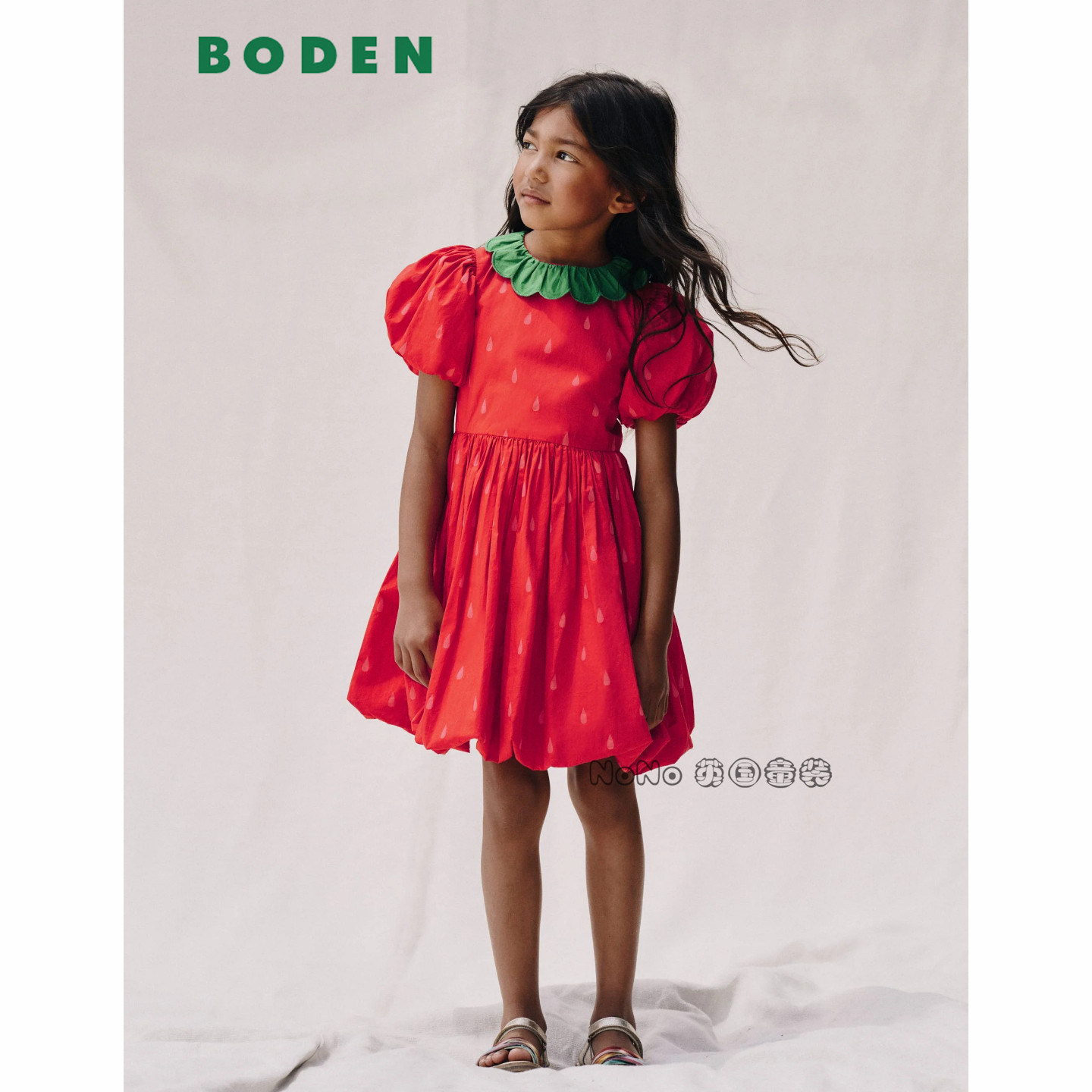 代购英国Mini Boden女童草莓泡泡袖心全棉礼服连衣裙2-8岁G5801
