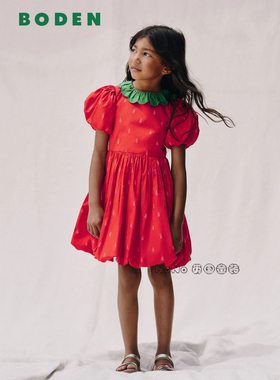 代购英国Mini Boden女童草莓泡泡袖心全棉礼服连衣裙2-8岁G5801