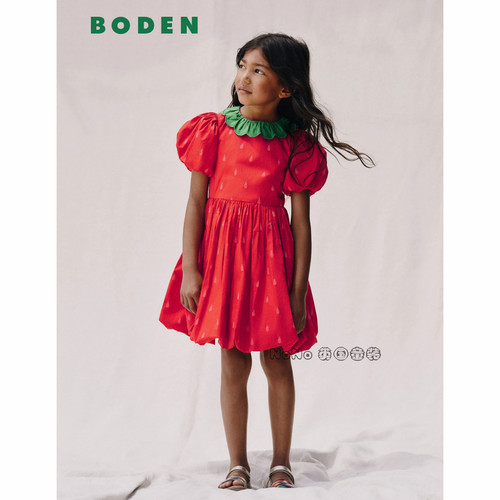 代购英国Mini Boden女童草莓泡泡袖心全棉礼服连衣裙2-8岁G5801