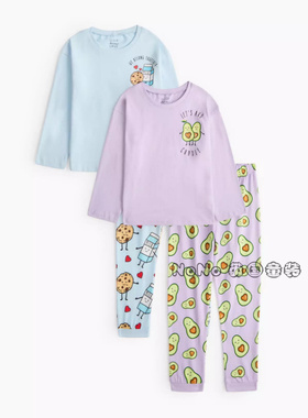 现货英国TU正品女中大童蓝紫色牛油果家居服长袖睡衣睡裤纯棉