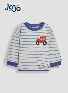英国Jojo Maman Bebe儿童蓝色条纹拖拉机刺绣长袖T恤纯棉F96-713