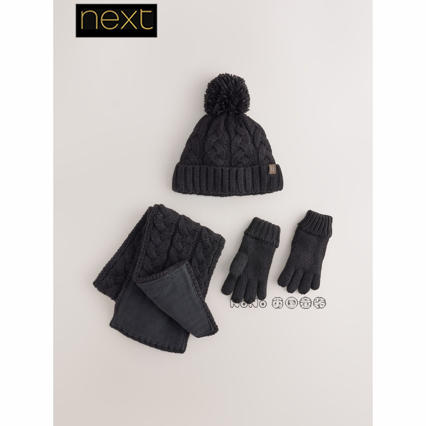 英国Next儿童黑色麻花毛线帽子手套围巾套装3-16岁新款G98-415
