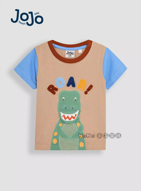 现货英国Jojo Maman Bebe男童蓝色恐龙张嘴贴布刺绣短袖T恤纯棉