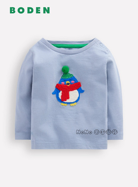 英国Baby BODEN婴童新款浅蓝色企鹅刺绣长袖T恤纯棉0-3岁Y2696