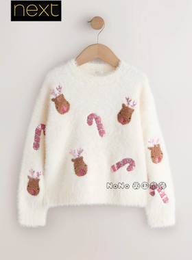 英国Next女大童亲子乳白色圣诞驯鹿针织毛衣针织衫3-16岁Y11-708