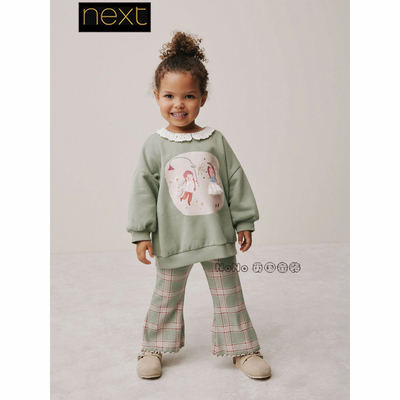 英国Next女童绿色格子花仙子刺绣卫衣喇叭裤休闲套装1-7岁F74-804