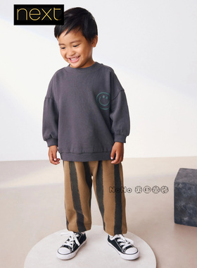 英国Next代购男童灰色笑脸卫衣条纹卫衣裤运动套装1-7岁F60-092