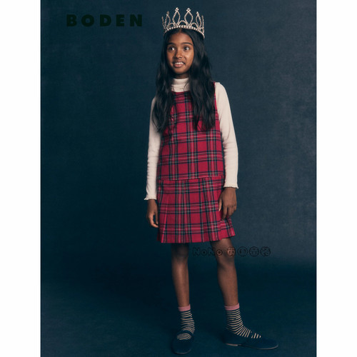 英国Mini Boden正品女童新年红色格子背心连衣裙2-12岁新款G6163