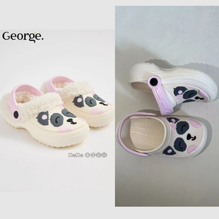 现货英国乔治George女童黑白色熊猫包头加厚拖鞋洞洞鞋棉拖冬夏