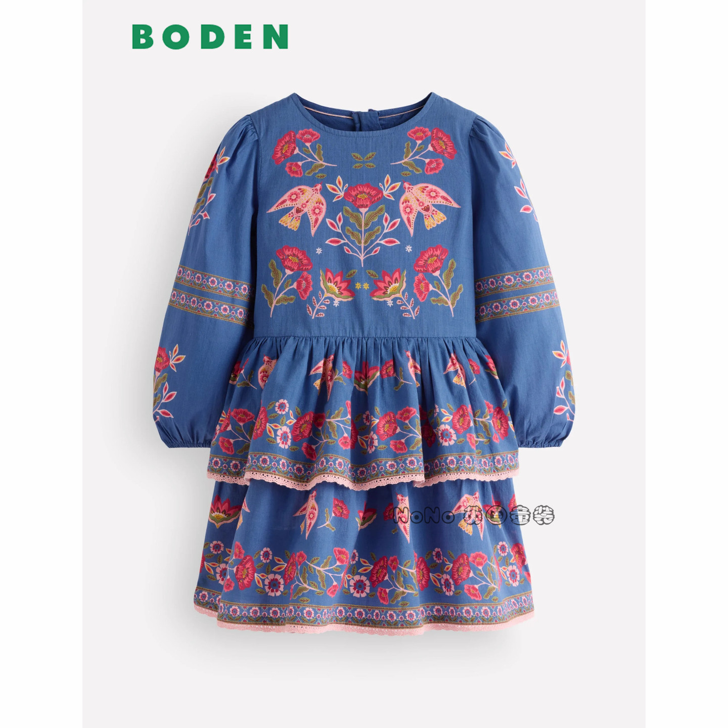 英国Mini Boden女童蓝色小鸟花朵多层全棉长袖连衣裙2-12岁G6072