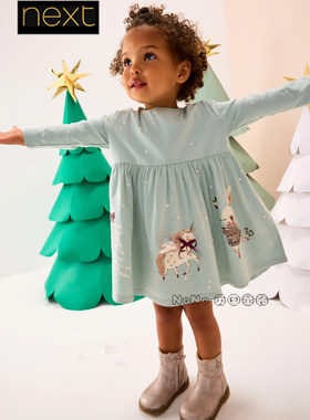 英国Next代购女童蓝色圣诞独角兽连衣裙长袖1-7岁春秋纯棉F81-726