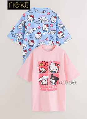 Next英国正品女童粉蓝色三丽鸥kitty美乐蒂短袖连衣裙睡裙F21-612