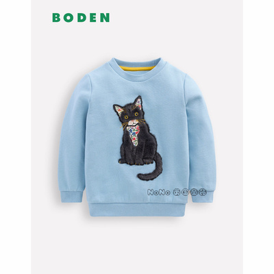 英国Mini Boden女童蓝色猫咪毛绒贴布刺绣卫衣运动衫G5603-BLU