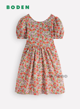 英国Mini Boden正品女童橘色碎花短袖连衣裙全棉2-12岁新款G5771
