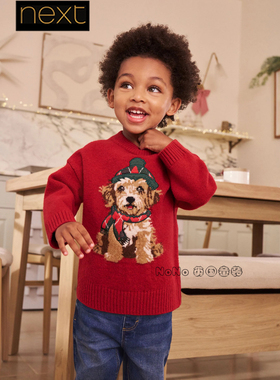 英国Next正品代购儿童新年红色小狗卡通针织衫毛衣1-7岁W34-146