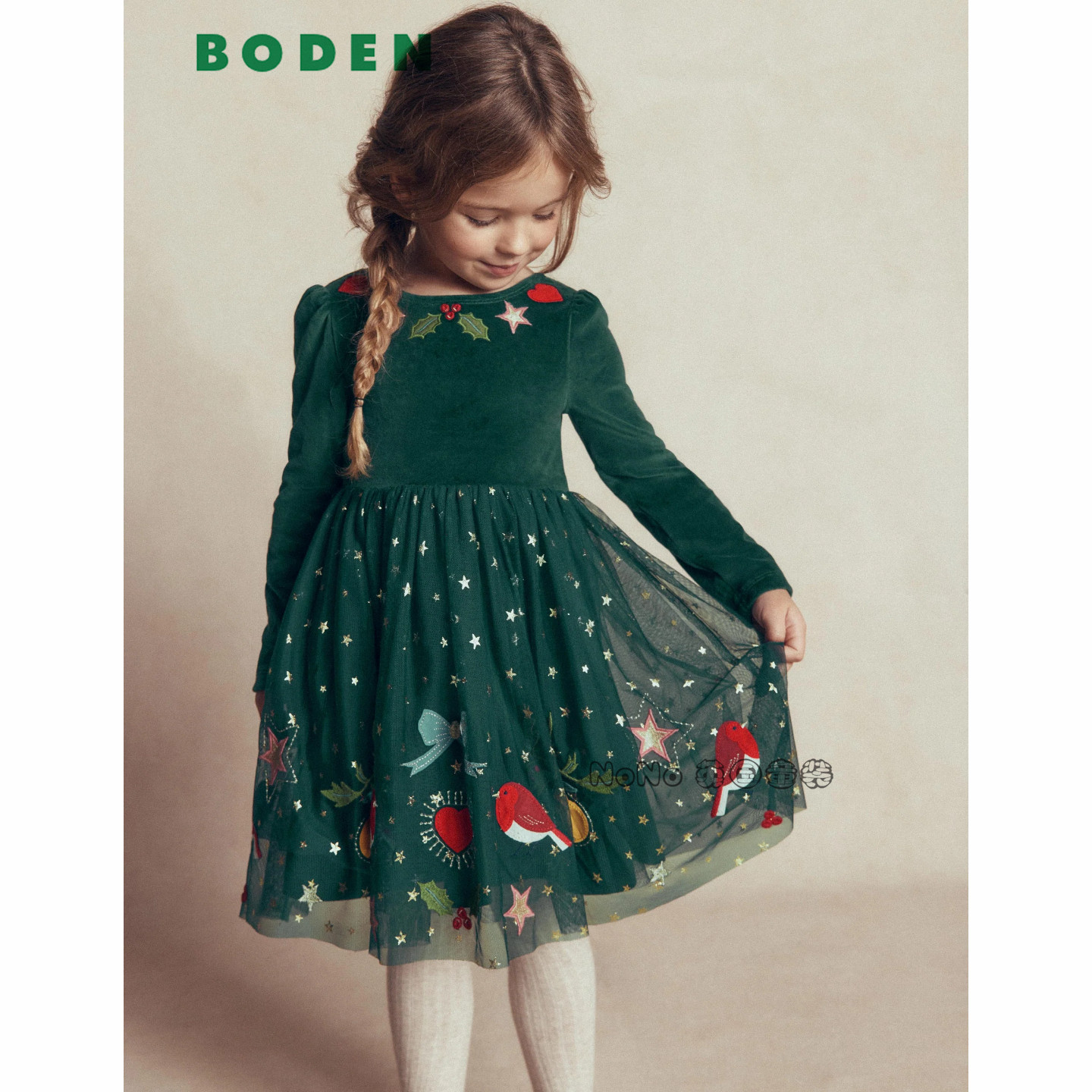 英国Mini Boden女童绿色丝绒知更鸟礼服连衣裙刺绣2-12岁G5580