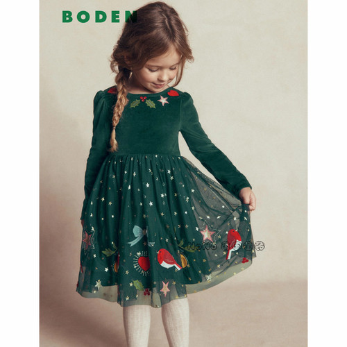 英国Mini Boden女童绿色丝绒知更鸟礼服连衣裙刺绣2-12岁G5580