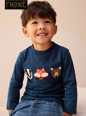 英国Next代购男童蓝色浣熊狐狸刺绣纯棉长袖T恤衫圆1-7岁F96-378