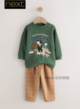 英国Next男童绿色小狗卫衣卡其格子运动裤休闲套装1-7岁F89-406