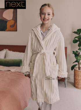 Next英国男女款大童亲子乳白色暗条纹抓绒睡袍浴袍家居服F27-330