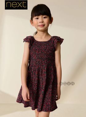 英国Next女大童亲子黑红色小碎花短袖连衣裙打揽3-16岁H85-083