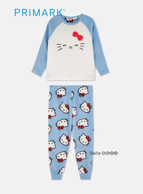代购英国Primark女童蓝白hello kitty加厚长袖家居服睡衣裤1-8岁