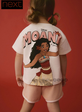 英国Next正品女童粉白色莫阿娜迪士尼短袖T恤短裤套装纯棉E53-927