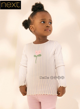 英国Next正品代购女童纯棉蓝白色条纹花朵螺纹长袖T恤打底AD8-232